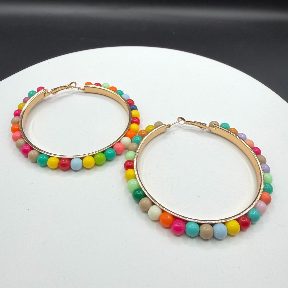 Colorful Beaded Hoop Earrings Gold Tone Oversized Rainbow Statement Jewelry Gift